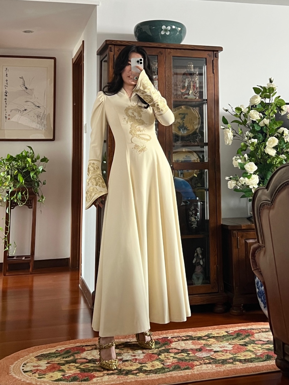 Leo Lin Dragon Embroidered Long Sleeve Dress AU8/US4 NWT